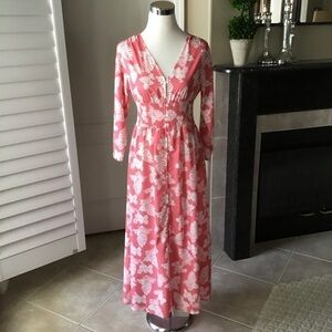 Tropical Floral Maxi Dress SMALL Coral Button Front Boho Beach Cruise Soft NEW